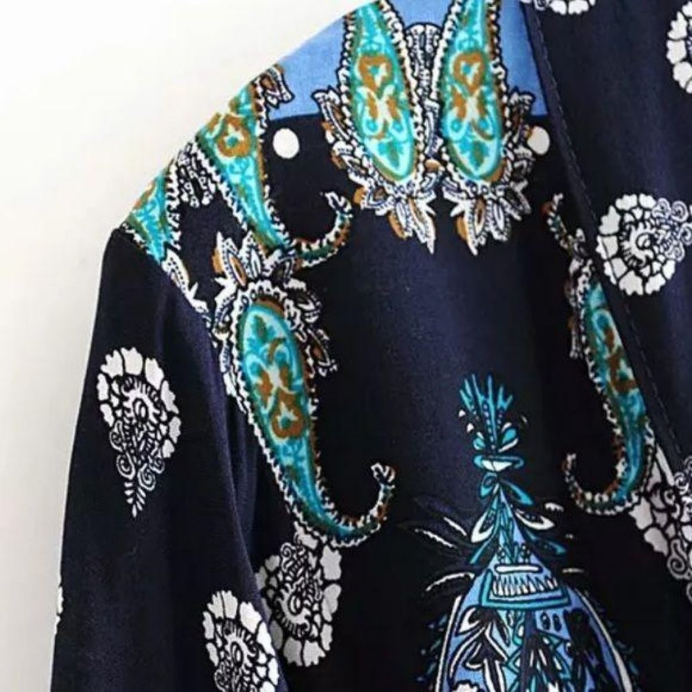 Luxe Boho Printed Gypsy Kimono Navy Blue Cardigan - Picture 6 of 10